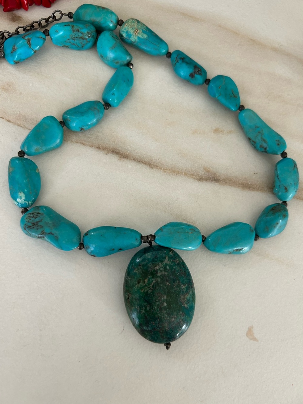 Vintage Turquoise Stone Necklace with Large Natural Turquoise Oval Pendant 20”